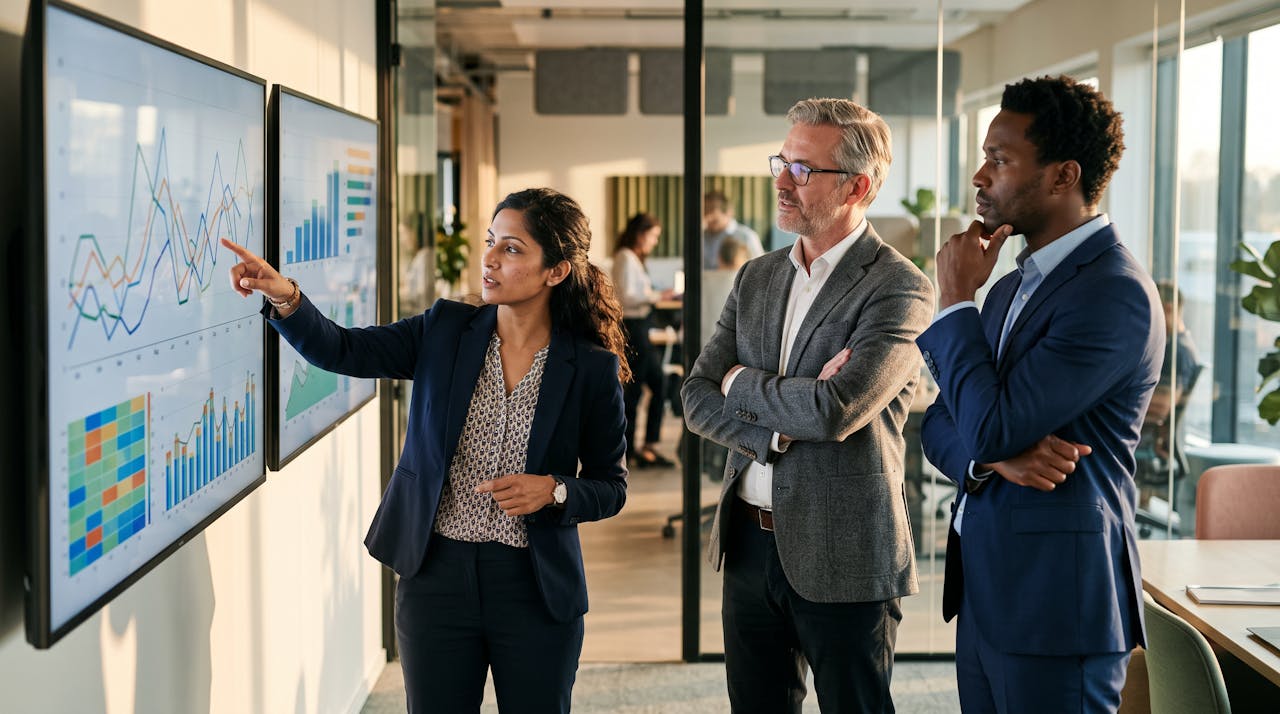 Business team reviewing AI security and governance dashboards
